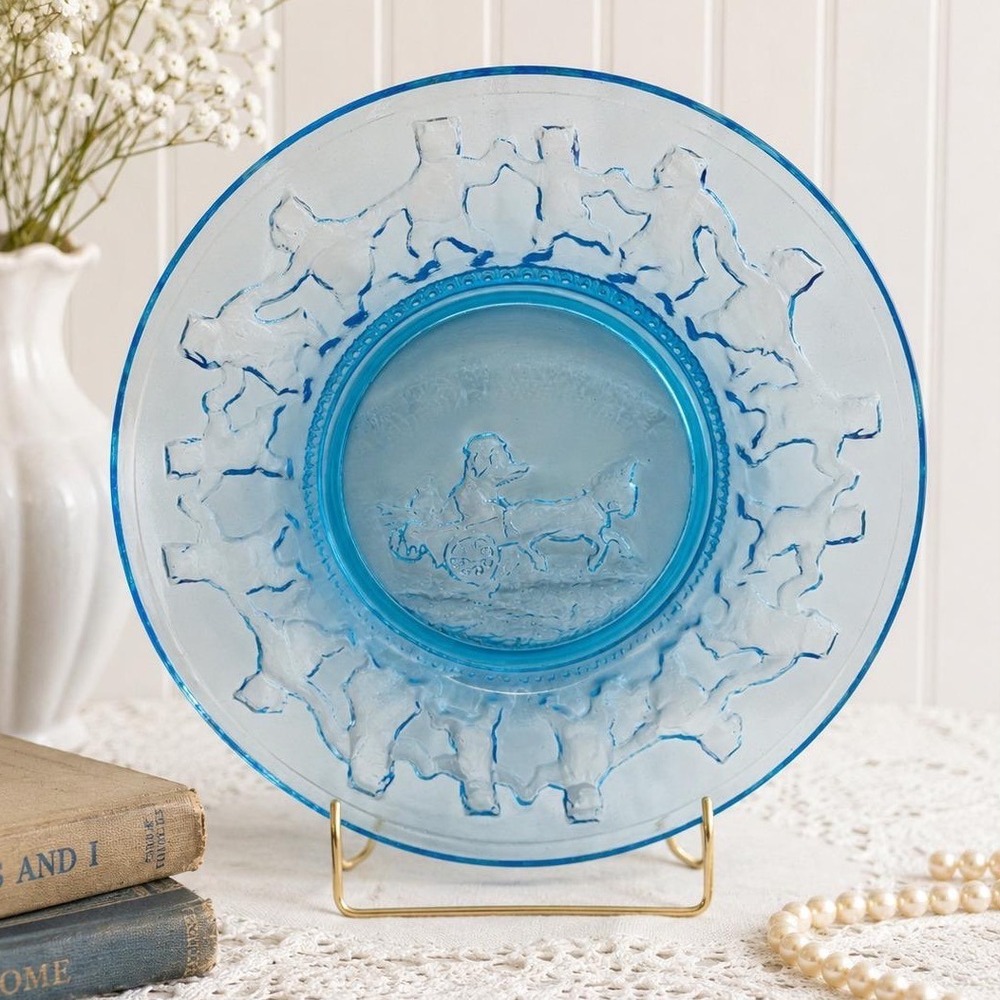 Tiara Indiana Glass This Little Pig Went to Market Blue 6.5" Pressed Plate